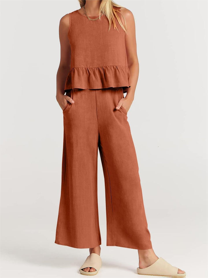 Women’s Two-Piece Set – Sleeveless Peplum Top – Wide-Leg High-Waist Pants – Lightweight Breathable