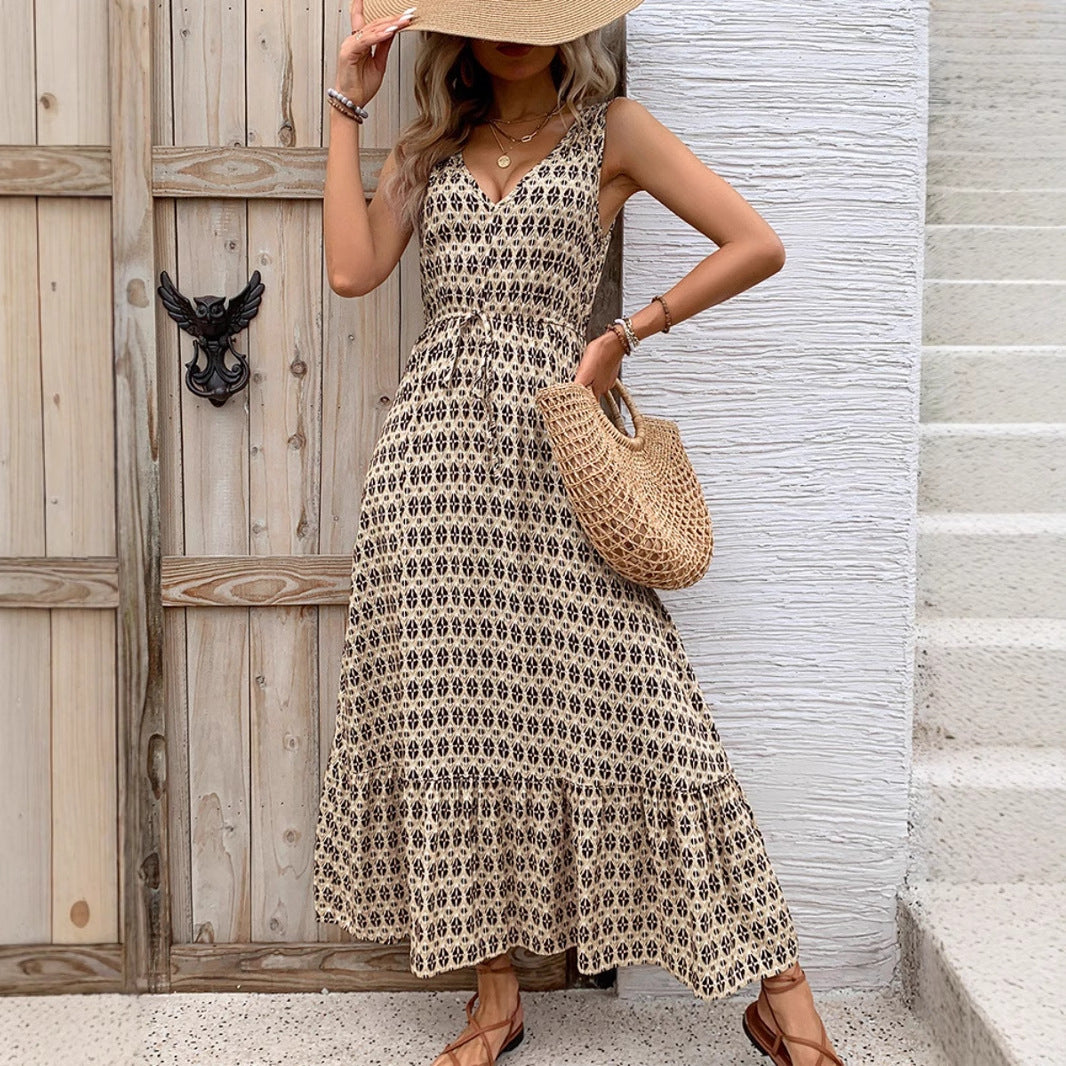 Women's Maxi Dress - V-Neck - Sleeveless - Adjustable Waist - Tiered Flowy Skirt