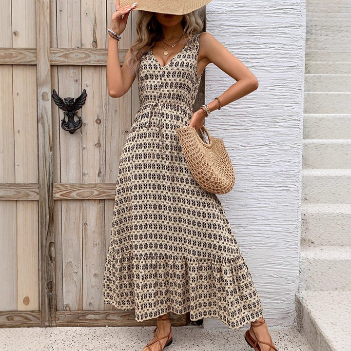 Women's Maxi Dress - V-Neck - Sleeveless - Adjustable Waist - Tiered Flowy Skirt
