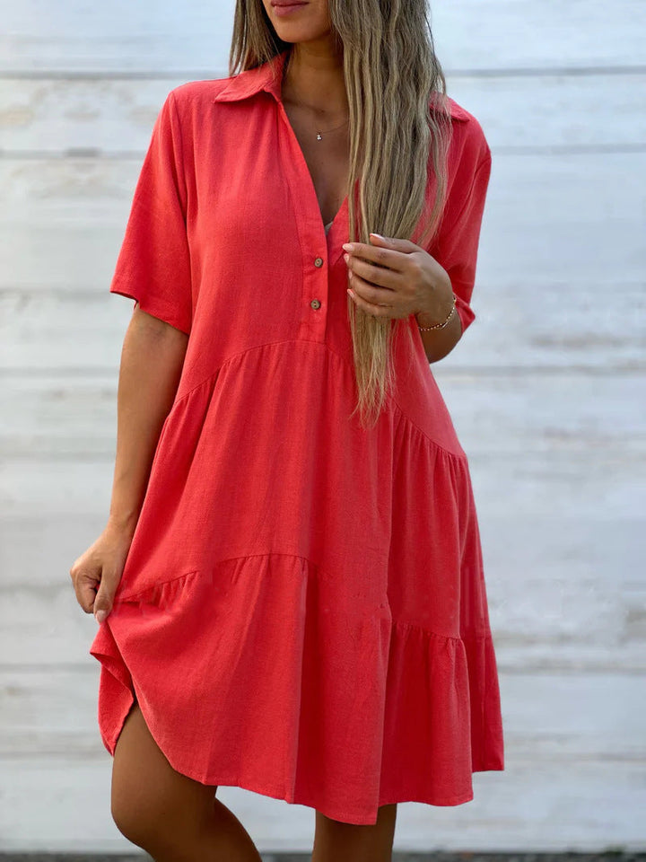 Women’s Casual Dress – Relaxed Fit – Short Sleeve – Collared – Tiered Natural Fibers