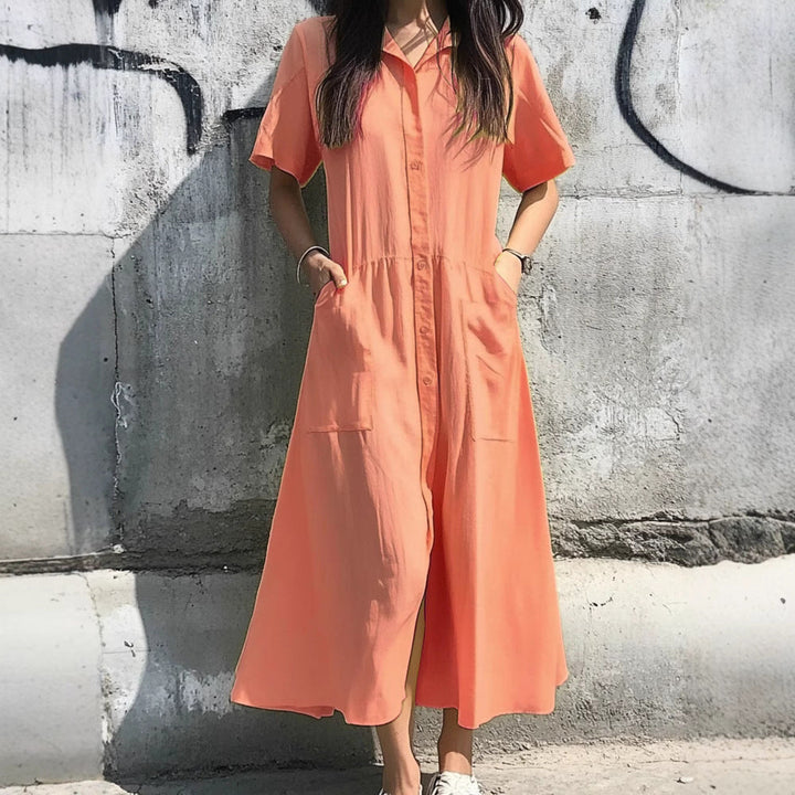 Women’s Shirt Dress – Relaxed Fit – Button-Down – Midi Length – Short Sleeve