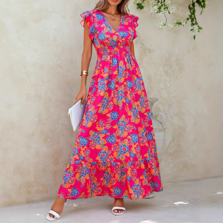 Women’s Maxi Dress – Sleeveless Ruffle Cap Sleeve – V-Neck – Elastic Waist – Floral Print