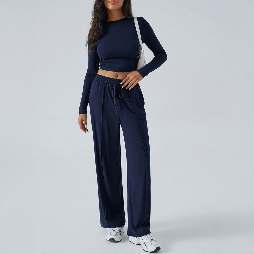 Women’s Two-Piece Set – Slim Fit Cropped Top – High-Waist Wide-Leg Stretch Pants