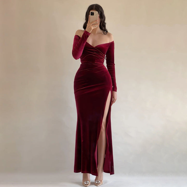 Women’s Evening Gown - Velvet - Off Shoulder - Long Sleeve - High Slit Elegant Fit