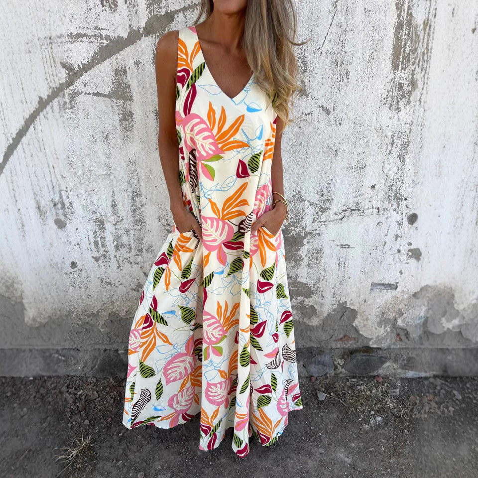 Women’s Maxi Dress – Sleeveless A-Line – V-Neck – Breathable Blend – Flowy Fit