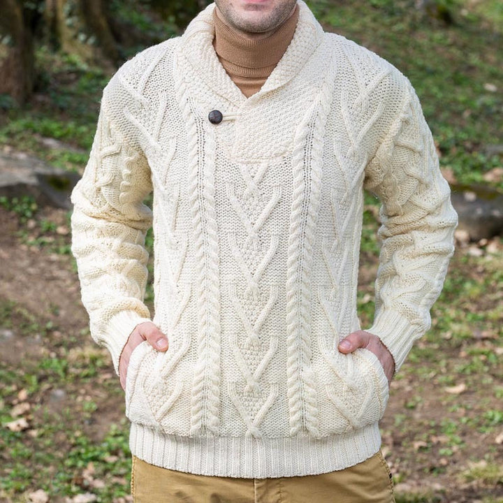 Men’s Pullover Sweater – Cable Knit – Relaxed Fit – Shawl Collar with Button Detail