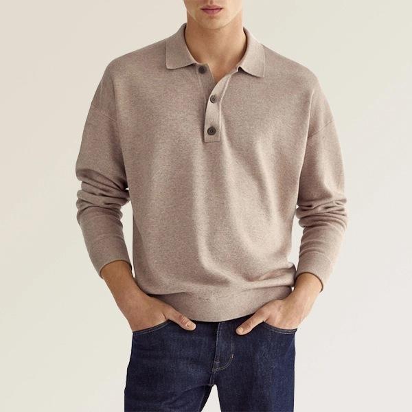 Men’s Polo Shirt - Soft Knit Cotton Blend - Regular Fit - Long Sleeve Ribbed Cuffs