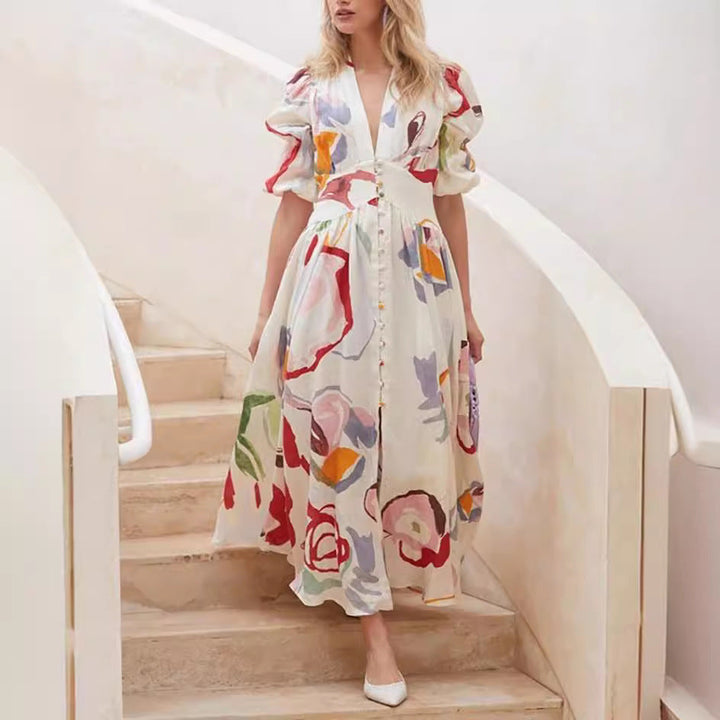 Women’s Maxi Dress - Natural Fibers - Relaxed Fit - Balloon Sleeves - Button Front