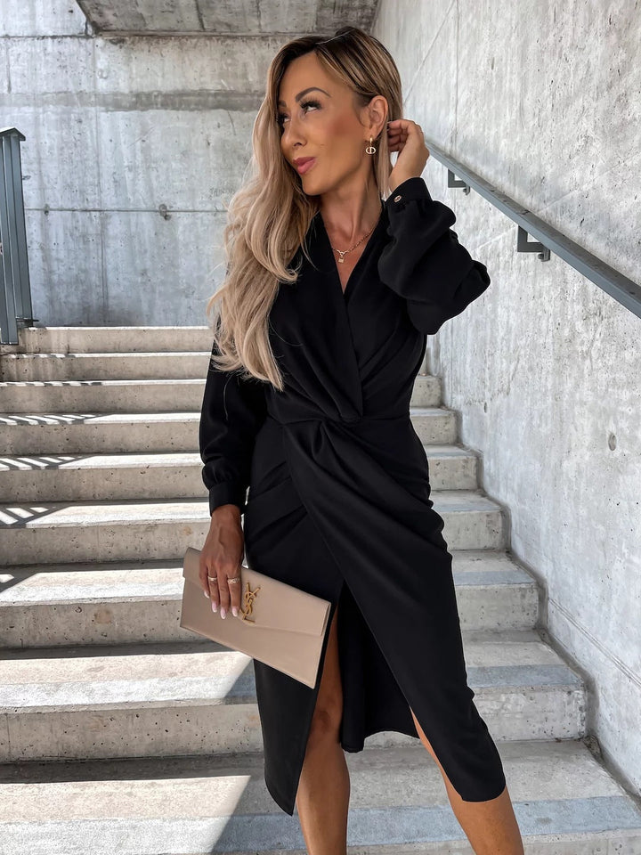 Women’s Midi Dress – Draped Wrap Bodice – V-Neck – Fitted Waist – Long Sleeve – Front Slit