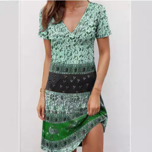 Women’s Mini Dress – Cotton – Relaxed Fit – Deep V-Neck – Boho Patchwork Style