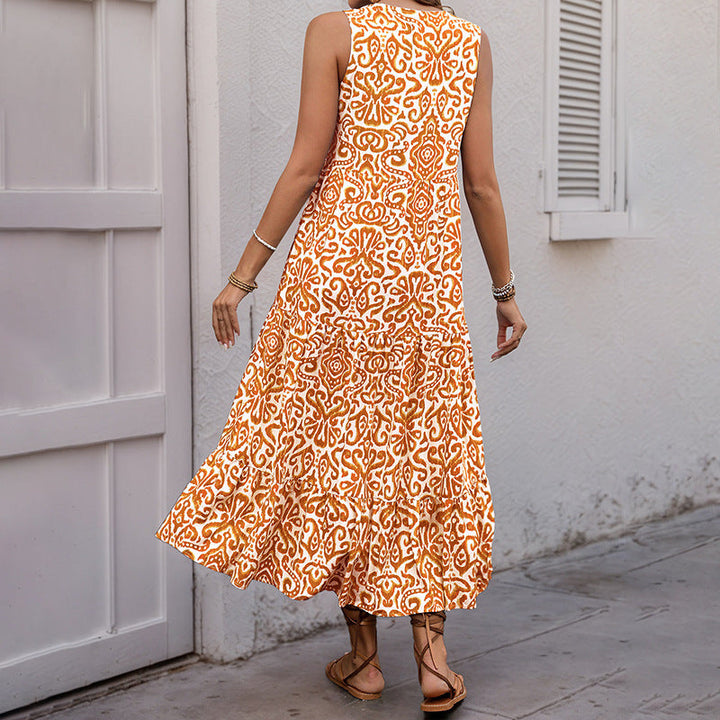 Women’s Midi Dress – Sleeveless V-Neck – Fitted Waist – Tiered Skirt – Flowy Fit