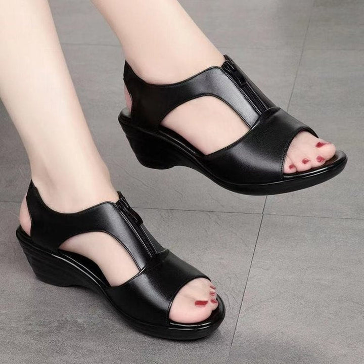 Women’s Wedge Sandals – Open Toe – Faux Leather – Zipper Closure – Breathable Cut-Outs