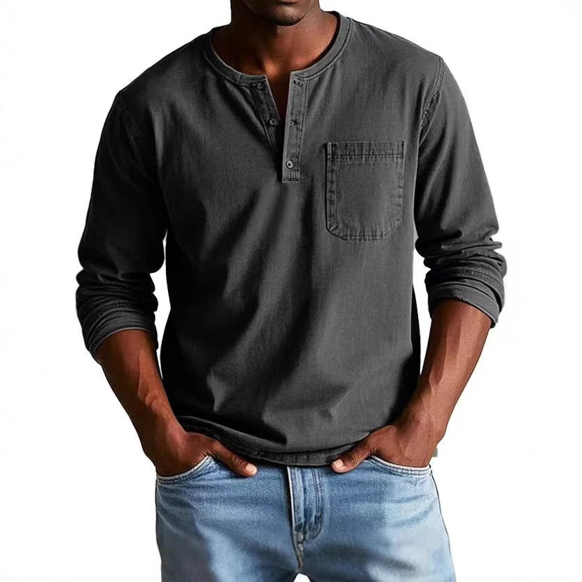 Men’s Long Sleeve T-Shirt – Slim Fit – Breathable Blend – Button Neck with Chest Pocket