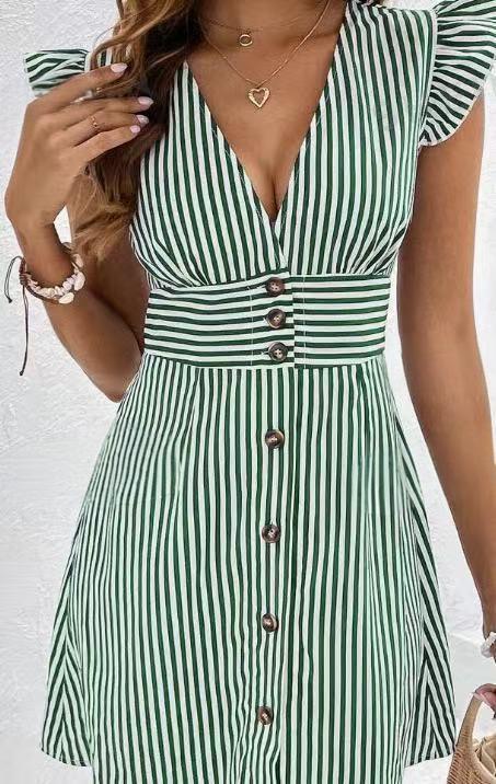 Women’s Dress – V-Neck A-Line – Ruffle Sleeves – Button Front – Cinched Waist Casual Fit