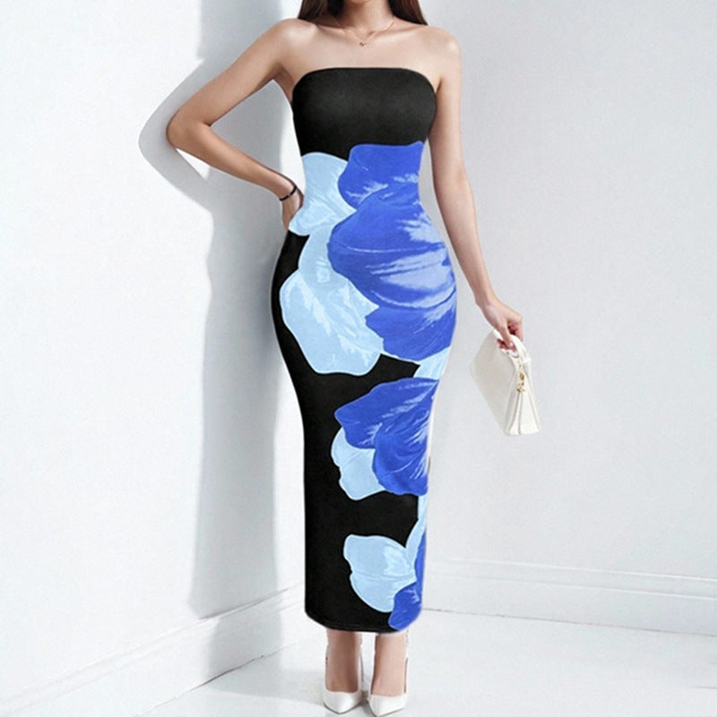 Women’s Strapless Dress - Bodycon Fit - Floral Print - Ankle Length Elegant Silhouette