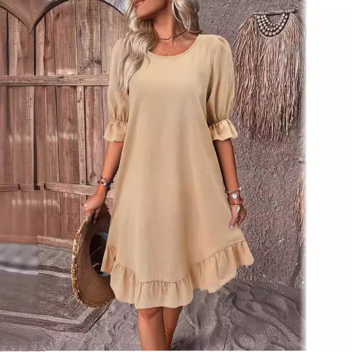 Women’s Midi Dress – Relaxed Fit – Ruffle Sleeves – Flowy Hem – Breathable Blend