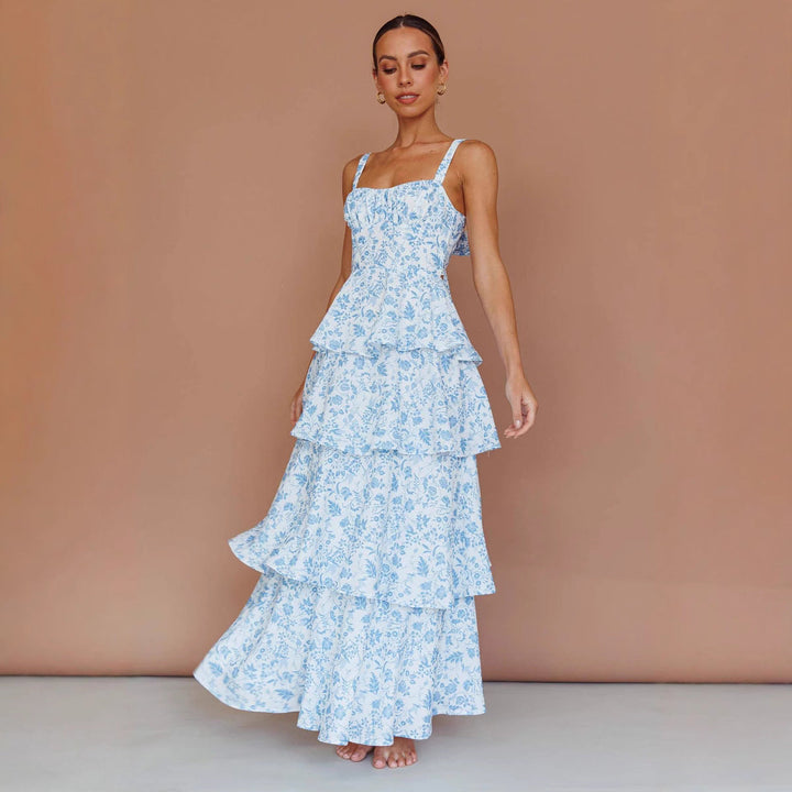 Women’s Maxi Dress - Tiered Ruffle Skirt - Square Neckline - Fitted Waist - Floral Print
