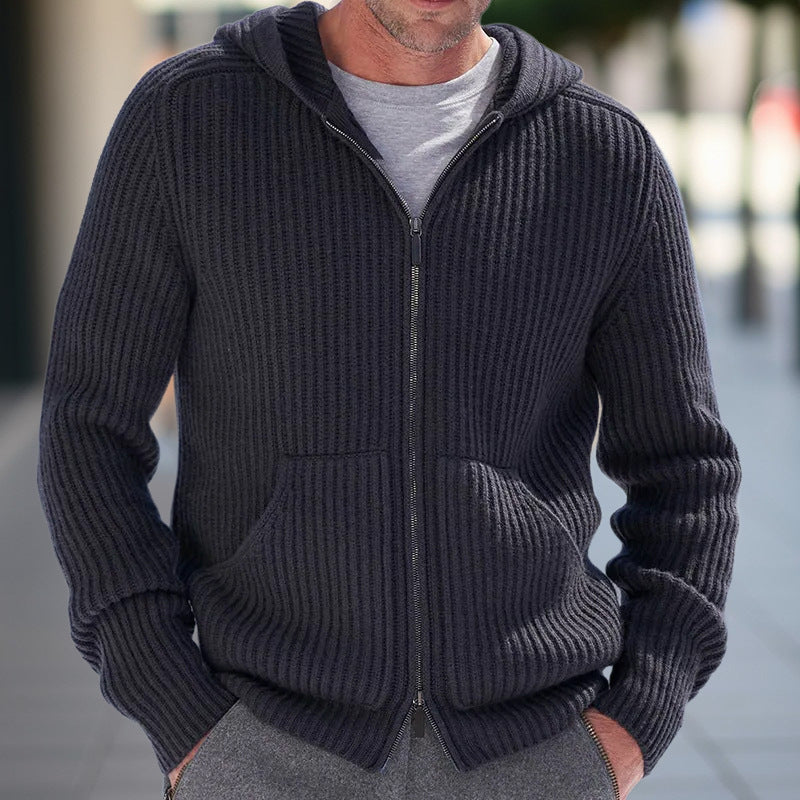 Men’s Knit Cardigan - Relaxed Fit - Hooded - Ribbed Texture - Long Sleeve Casual Layer