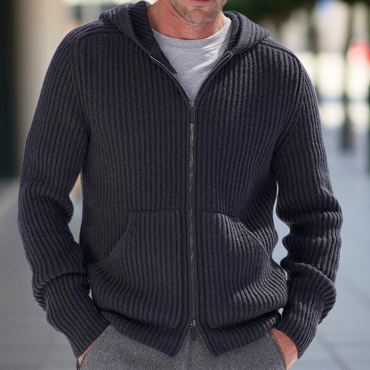 Men’s Knit Cardigan - Relaxed Fit - Hooded - Ribbed Texture - Long Sleeve Casual Layer