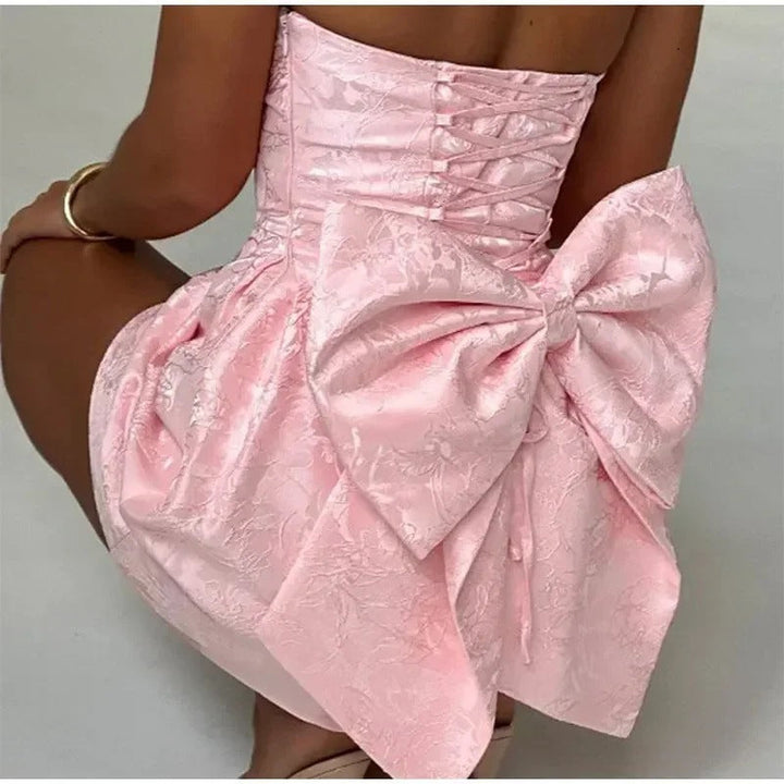 Women’s Mini Dress – Strapless Satin Jacquard – Fitted Bodice – Back Bow Detail