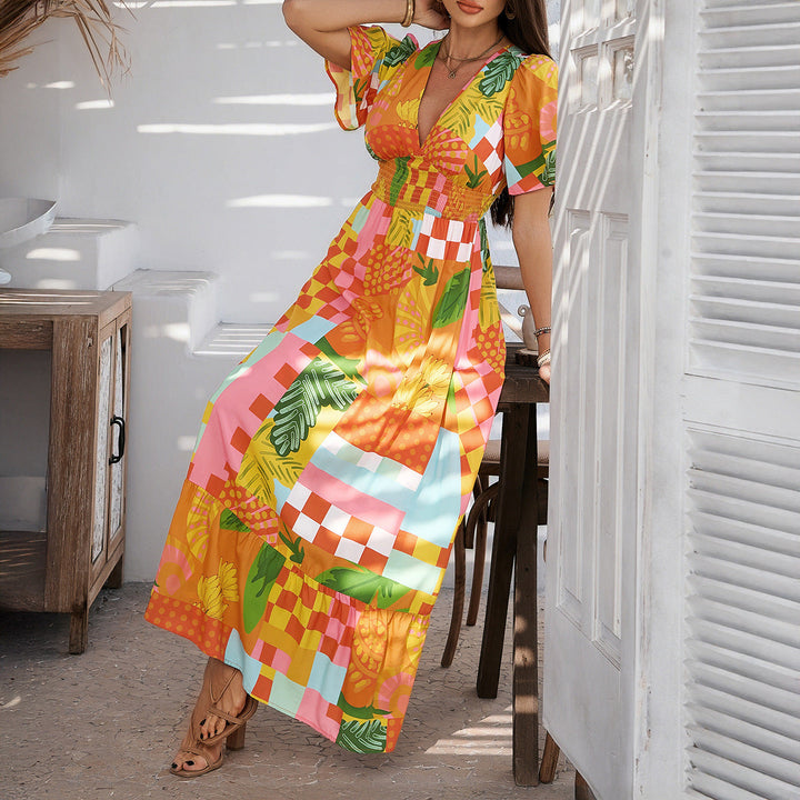 Women’s Maxi Dress – Lightweight Cotton – Flutter Sleeve – V-Neck – Relaxed Fit – Cinched Waist