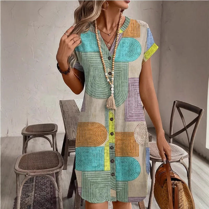 Women’s V-Neck Dress – Relaxed Fit – Button Down – Geometric Print – Breathable Blend