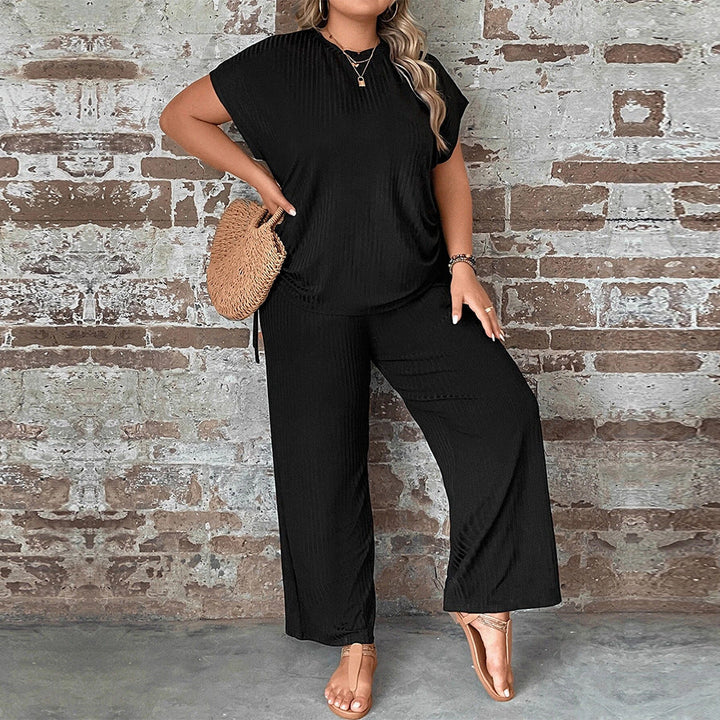 Women’s Two-Piece Set – Textured Fabric – Relaxed Fit – Short Sleeve Top – Wide Leg Pants