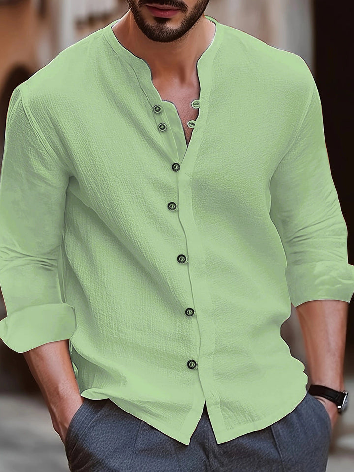 Men’s Long Sleeve Shirt - Cotton Linen Blend - Relaxed Fit - Band Collar Button-Up Casual Wear