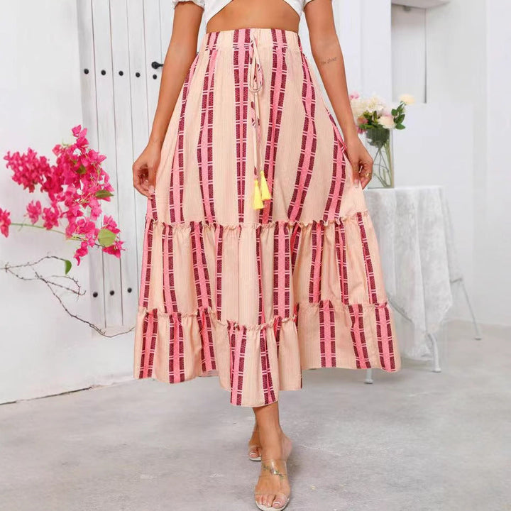 Women’s Maxi Skirt – Flowy Fit – Tiered Design – Adjustable Drawstring – Natural Fibers