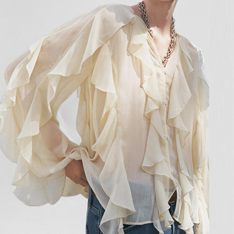 Women’s Blouse – Chiffon Fabric – Loose Fit – V-Neck – Long Sleeve – Ruffle Front – Button Down