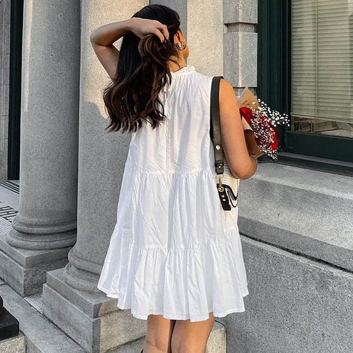 Women’s A-Line Dress - Sleeveless Tiered Design - Ruffled High Neck - Lightweight Fit