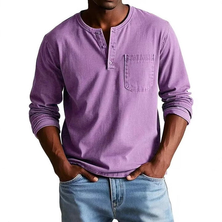 Men’s Long Sleeve T-Shirt – Slim Fit – Breathable Blend – Button Neck with Chest Pocket