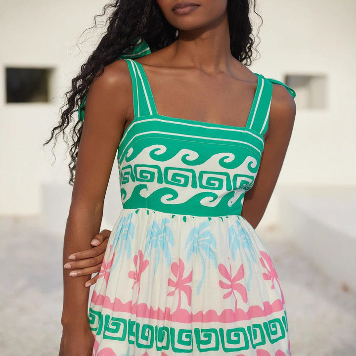Women’s Maxi Dress - Sleeveless Square Neck - Relaxed Fit - Geometric Grecian Pattern