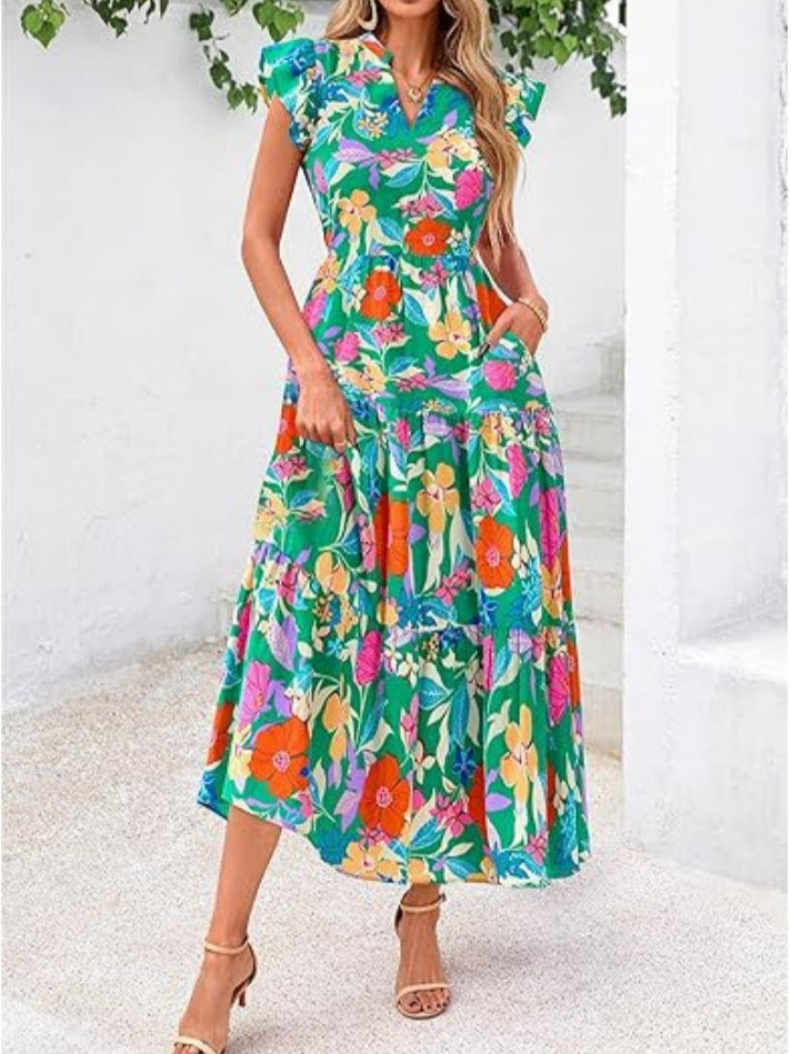 Women’s Midi Dress – Relaxed Fit – V-Neck – Flutter Sleeves – Breathable Blend – Printed
