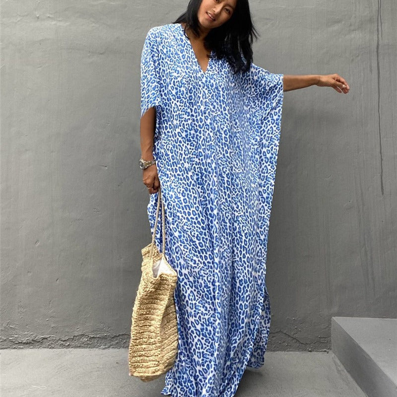 Women’s Kaftan Dress – Relaxed Fit – Full Length – V-Neck – Breathable Fabric – Animal Print