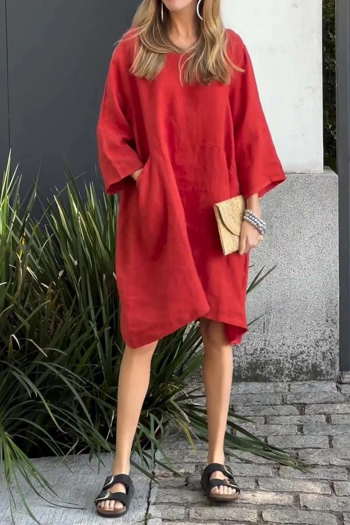 Women’s Dress – Loose Fit – Cotton Linen – Knee Length – 3/4 Sleeve – With Pockets