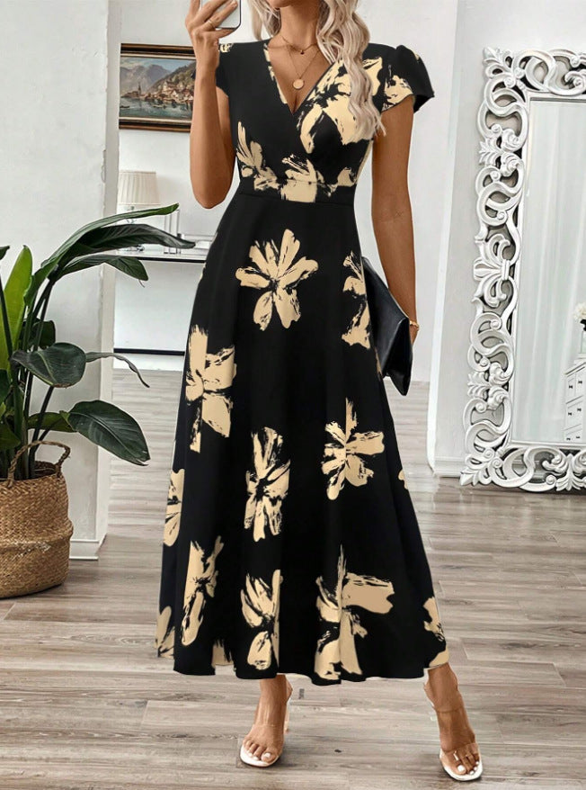 Women’s Maxi Dress – Flared Silhouette – Wrap Bodice – V-Neck