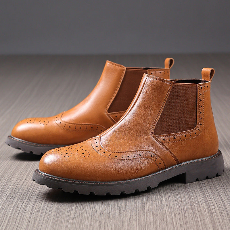 Men’s Chelsea Boots – Polished Leather – Brogue Detailing – Ankle High – Slip-On Fit