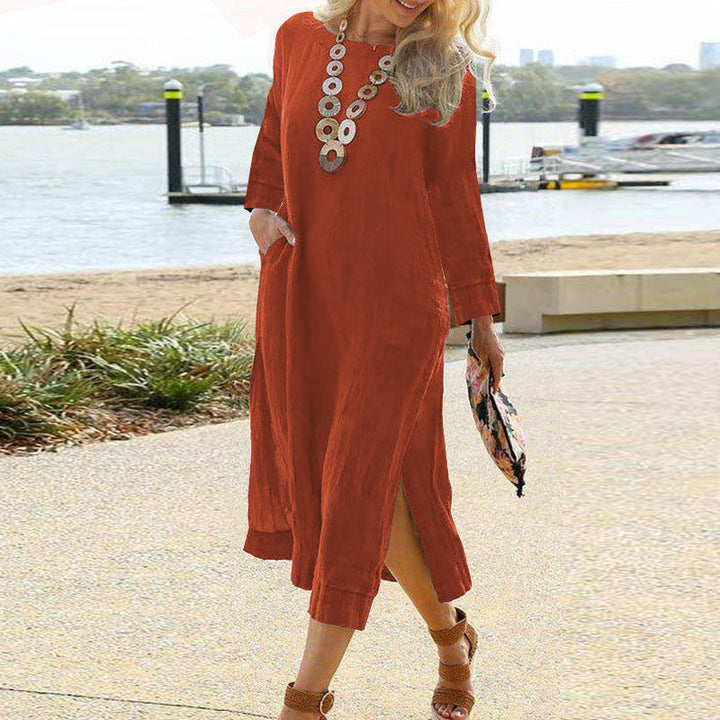 Women’s Midi Dress - Lightweight Linen Blend - Relaxed Fit - Long Sleeve with Pockets