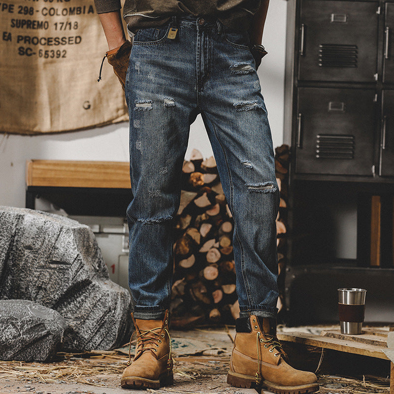 Men’s Jeans - Relaxed Fit - Straight Leg - Distressed Stone Washed Denim - Casual Wear