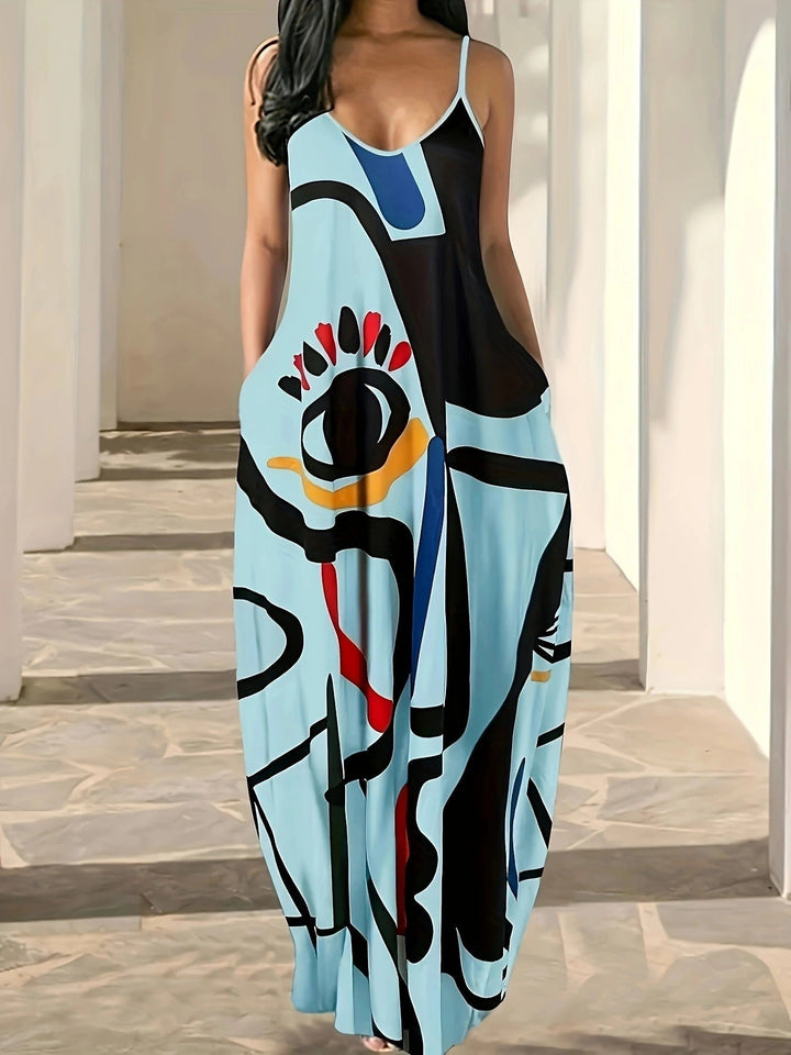 Women’s Maxi Dress – Abstract Print – Loose Fit – Cotton Blend – Spaghetti Strap