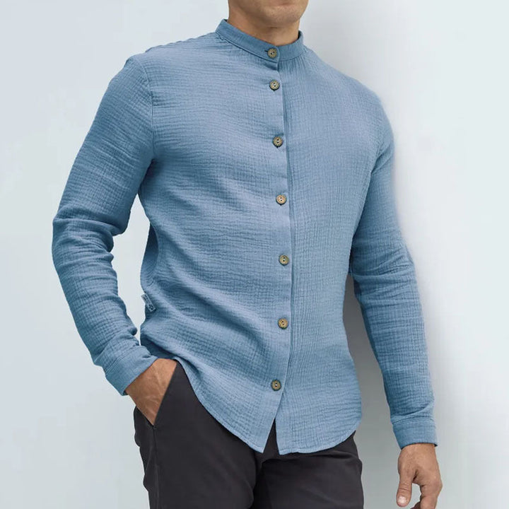 Men’s Button-Up Shirt – Regular Fit – Textured Fabric – Mandarin Collar – Long Sleeve
