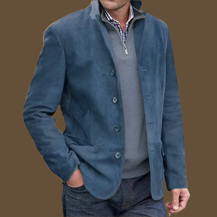 Men’s Suede Feel Jacket - Regular Fit - Stand Collar - Button Front - Vintage Style