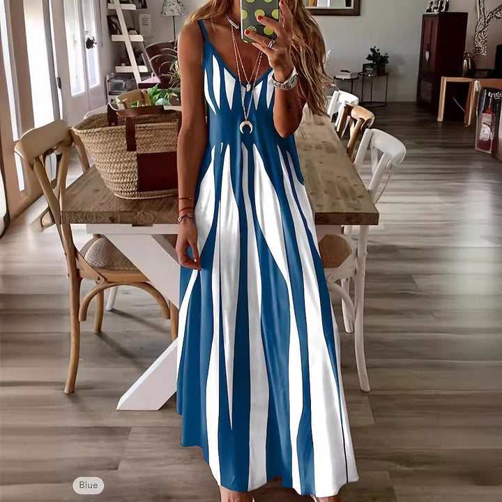 Women’s Maxi Dress - V-Neck - Adjustable Spaghetti Straps - Striped Flowy A-Line Fit