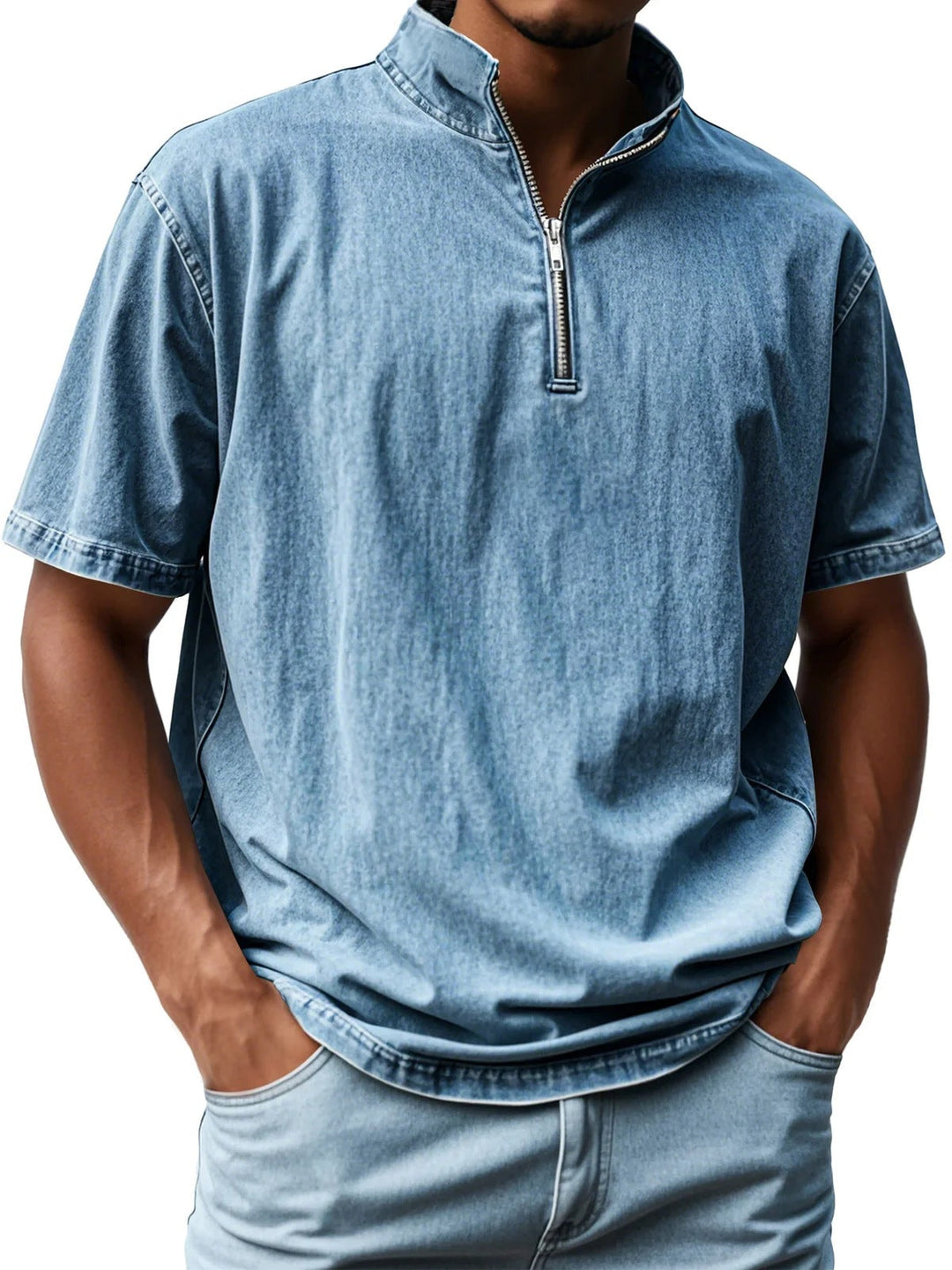 Men’s Short Sleeve Shirt - Fitted Retro Style - Zip Front - Stand Collar - Breathable Blend