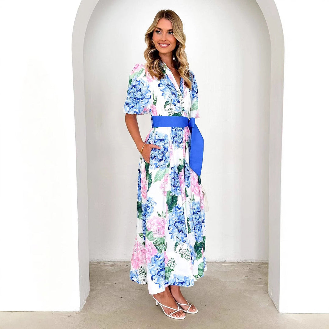 Women’s Maxi Dress – V-Neck – Short Sleeve – A-Line Fit – Waist Tie – Flowing Skirt