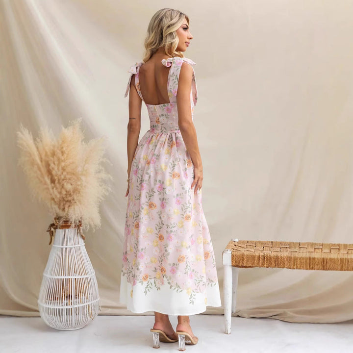 Women’s Maxi Dress – Square Neck – Tie Strap – Floral Print – Lightweight Fabric