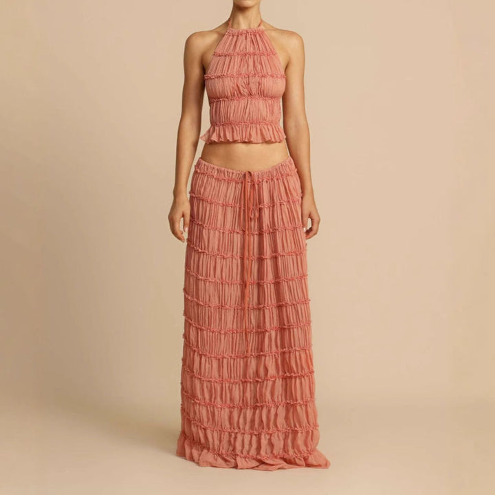 Women’s Two-Piece Set – Ruched Halter Top – Elastic Waist Maxi Skirt – Soft Stretch Fabric