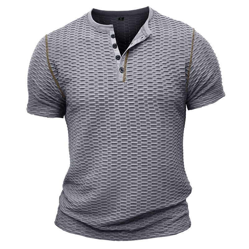 Men’s Henley Shirt - Slim Fit - Textured Fabric - Short Sleeve