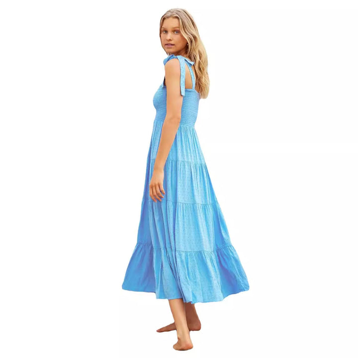 Women’s Midi Dress – Smocked Bodice – Adjustable Straps – Tiered Flowy Skirt – Breathable Fabric